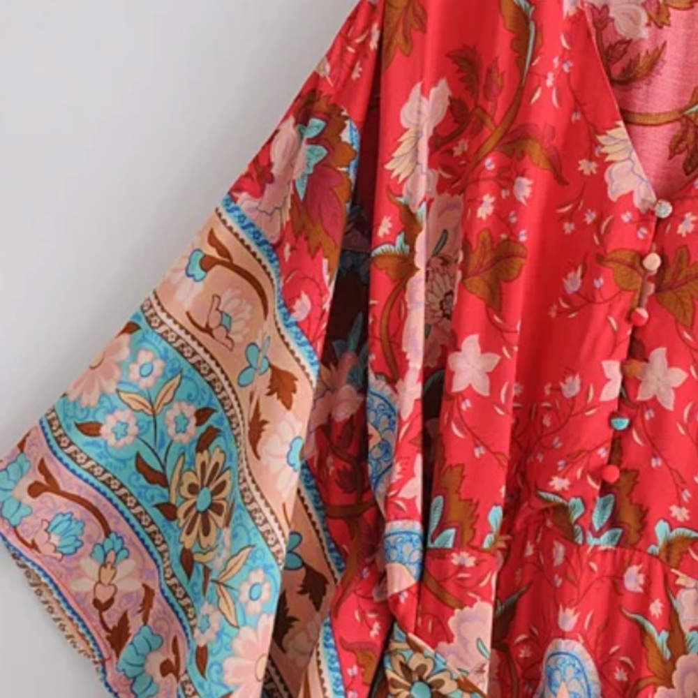 Boho Kimono Dress Floral Print Maxi Gypsy Red - Picture 8 of 13
